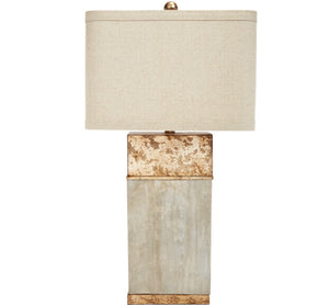 ALAN CEMENT & ANTIQUE GOLD FINISHED SQUARE LAMP WITH LINEN SHADE