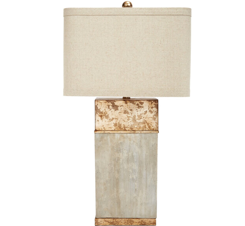 ALAN CEMENT & ANTIQUE GOLD FINISHED SQUARE LAMP WITH LINEN SHADE