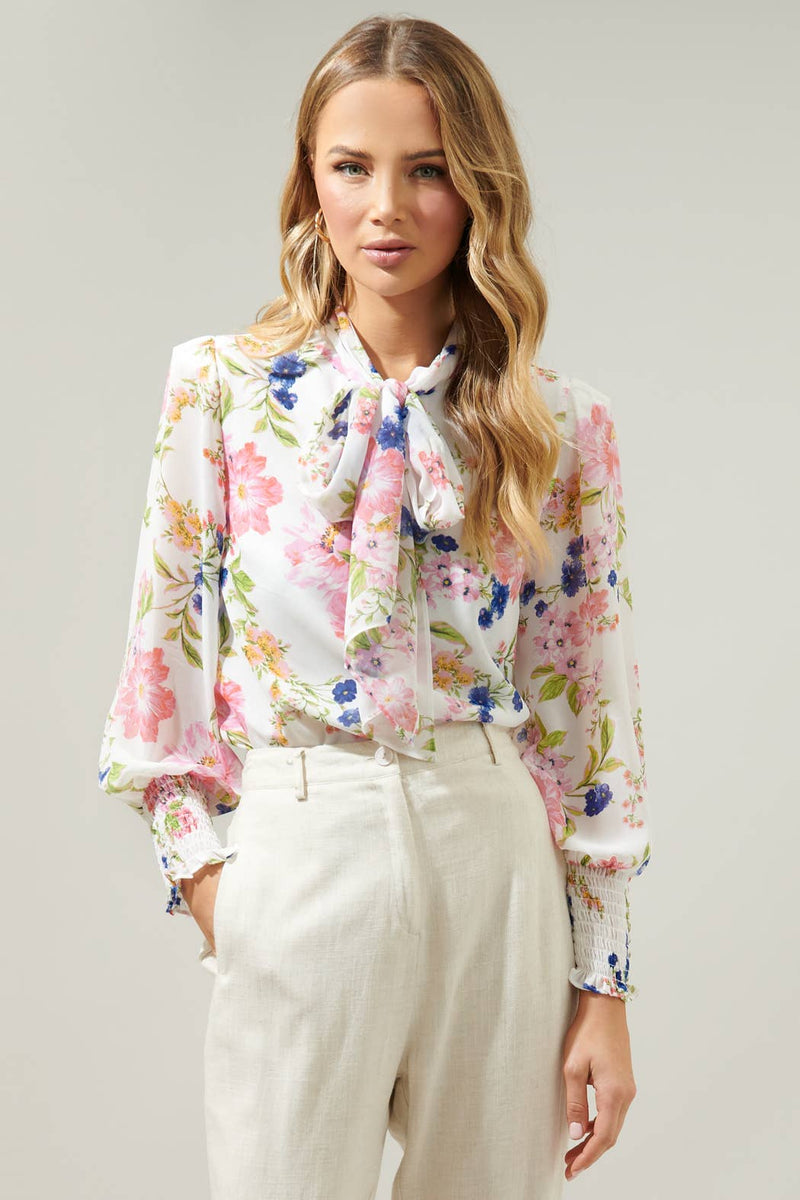 Wildheart Floral Etienne Tie Neck Long Sleeve Blouse: PINK-GREEN-BLUE / XS