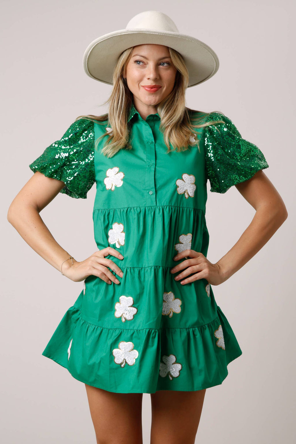 St. Patricks Sequin Clovers Shirt Dress: GREEN / L