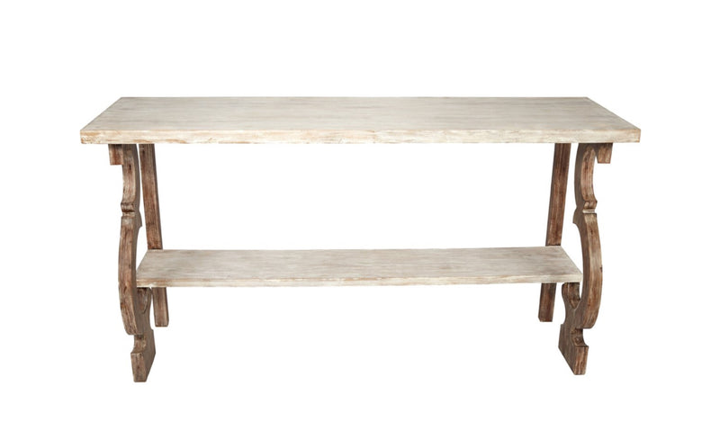 GRAYSON FRENCH WHITE & ANTIQUE BROWN WOOD CONSOLE TABLE