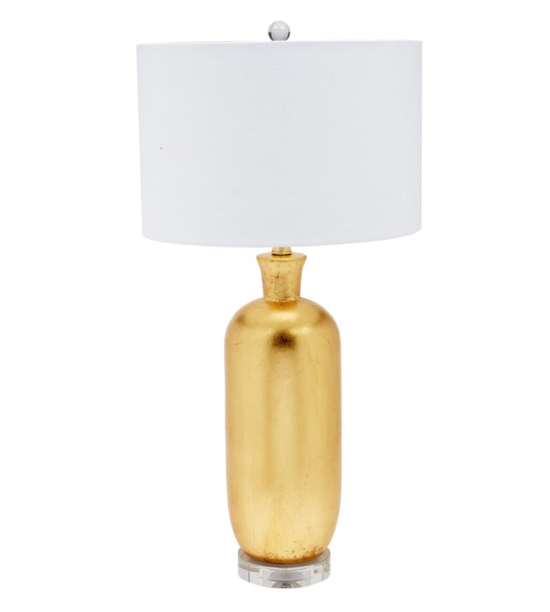 GOLD LEAF CARLISLE TABLE LAMP WITH CRYSTAL BASE AND WHITE LINEN SHADE
