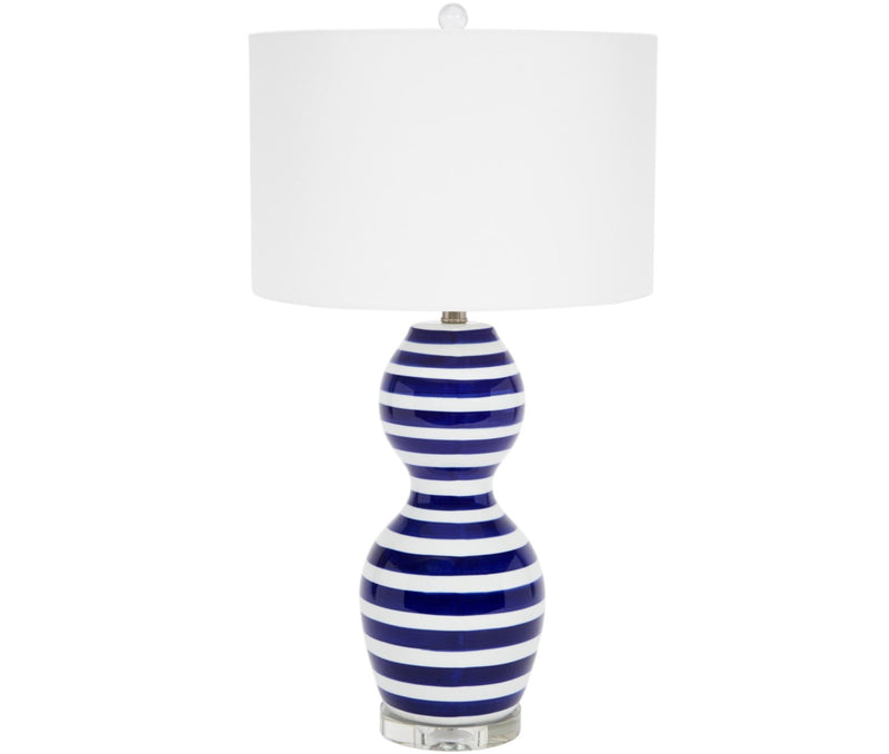 CLAUDETTE BLUE & WHITE STRIPED CERAMIC TABLE LAMP WITH CRYSTAL BASE