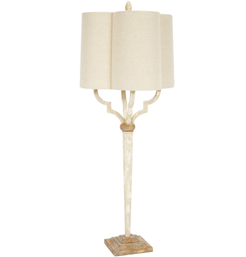 LEE FRENCH WHITE & GOLD QUATREFOIL BUFFET LAMP WITH SCALLOPED LINEN SHADE