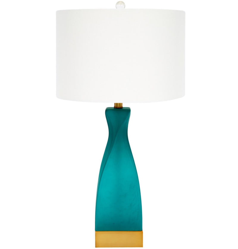 EMERALD GREEN FROSTED GLASS TABLE LAMP WITH WHITE LINEN SHADE