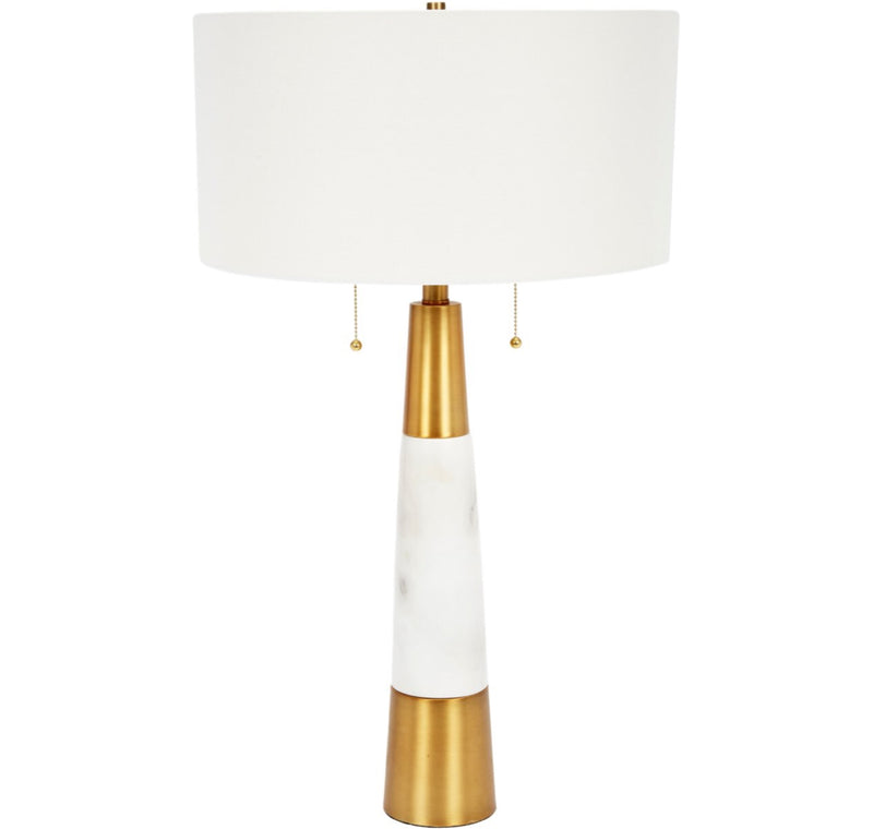 NADINE WHITE MARBLE AND BRASS TABLE LAMP WITH WHITE LINEN SHADE