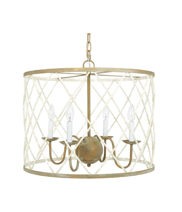 OPEN WEAVE FRENCH WHITE & GOLD ROUND CHANDELIER
