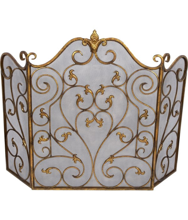 TRADITIONAL SCROLL FIREPLACE SCREEN WITH BURNISHED GOLD FINISH