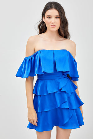 Paris Blue Off Shoulder Ruffle Dress  *Final Sale*