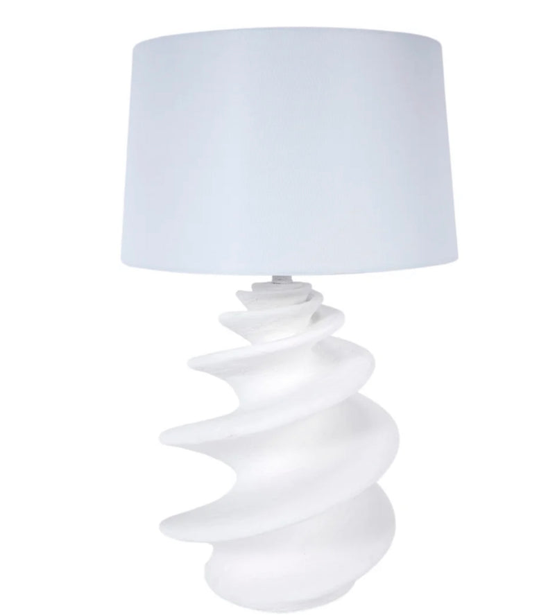 DURHAM WHITE GESSO SHELL LAMP WITH NATURAL LINEN SHADE