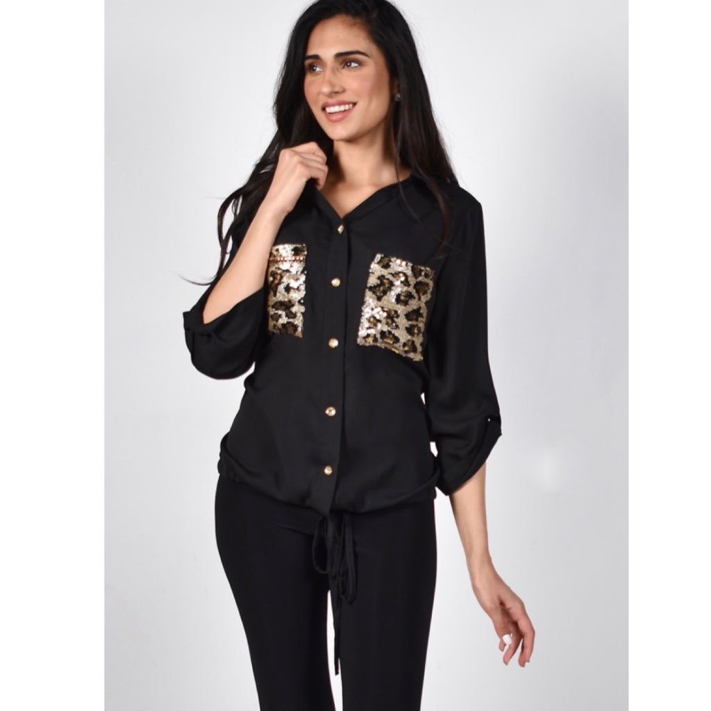 Frank Lyman Black and Gold Woven Blouse