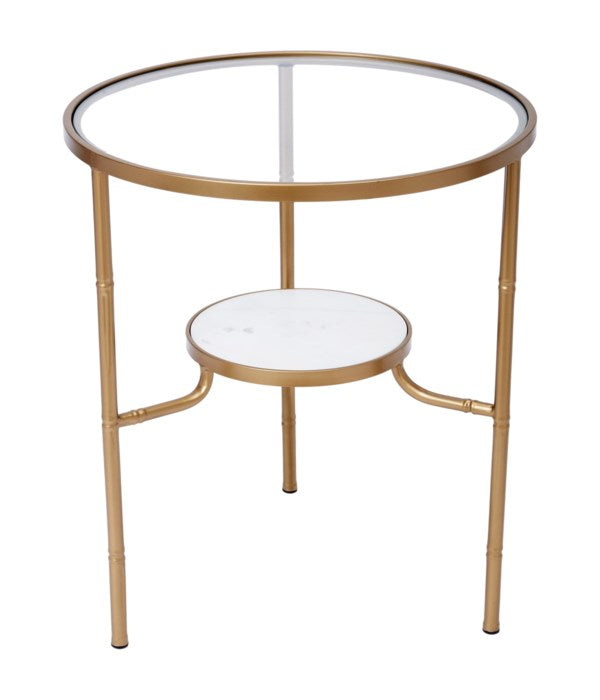 SOMOERVILLE GOLD AND WHITE MARBLE ACCENT TABLE WITH GLASS TOP